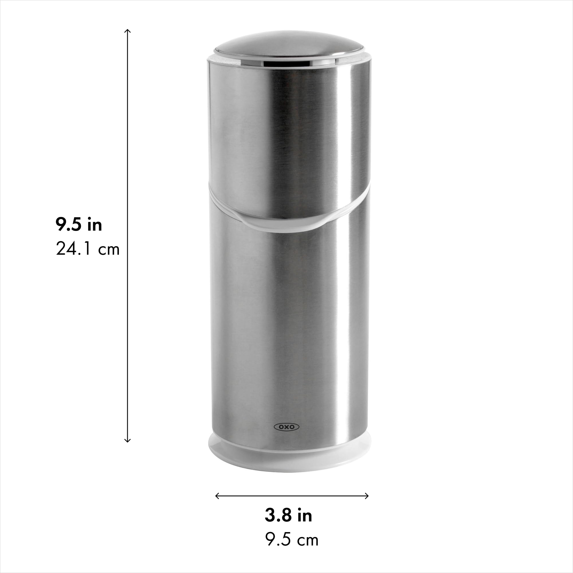 OXO holder beside a ruler for scale to show compact footprint and countertop fit