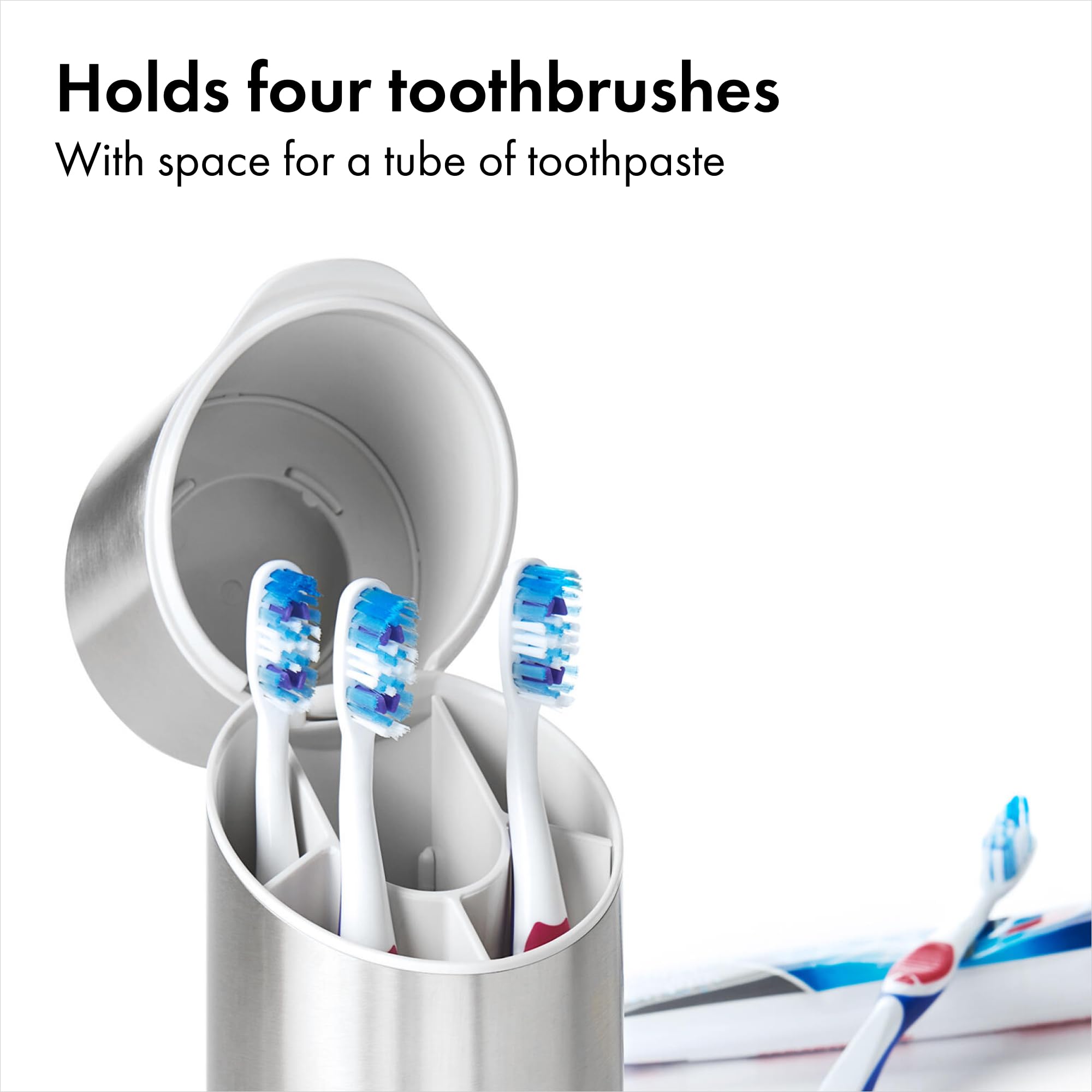 OXO toothbrush holder top vents close-up showing airflow to help brushes dry faster