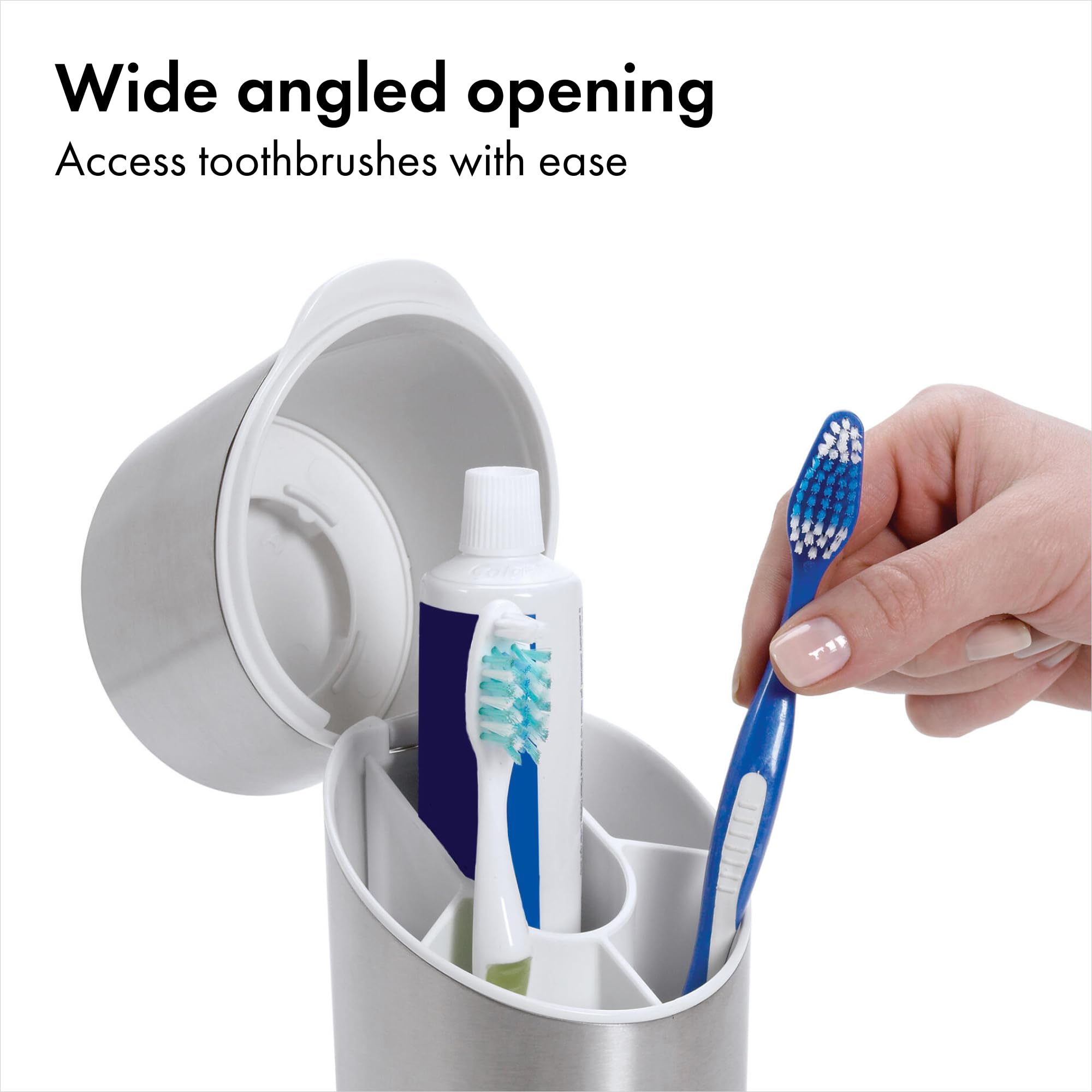 OXO holder storing four toothbrushes upright for quick access and organized storage