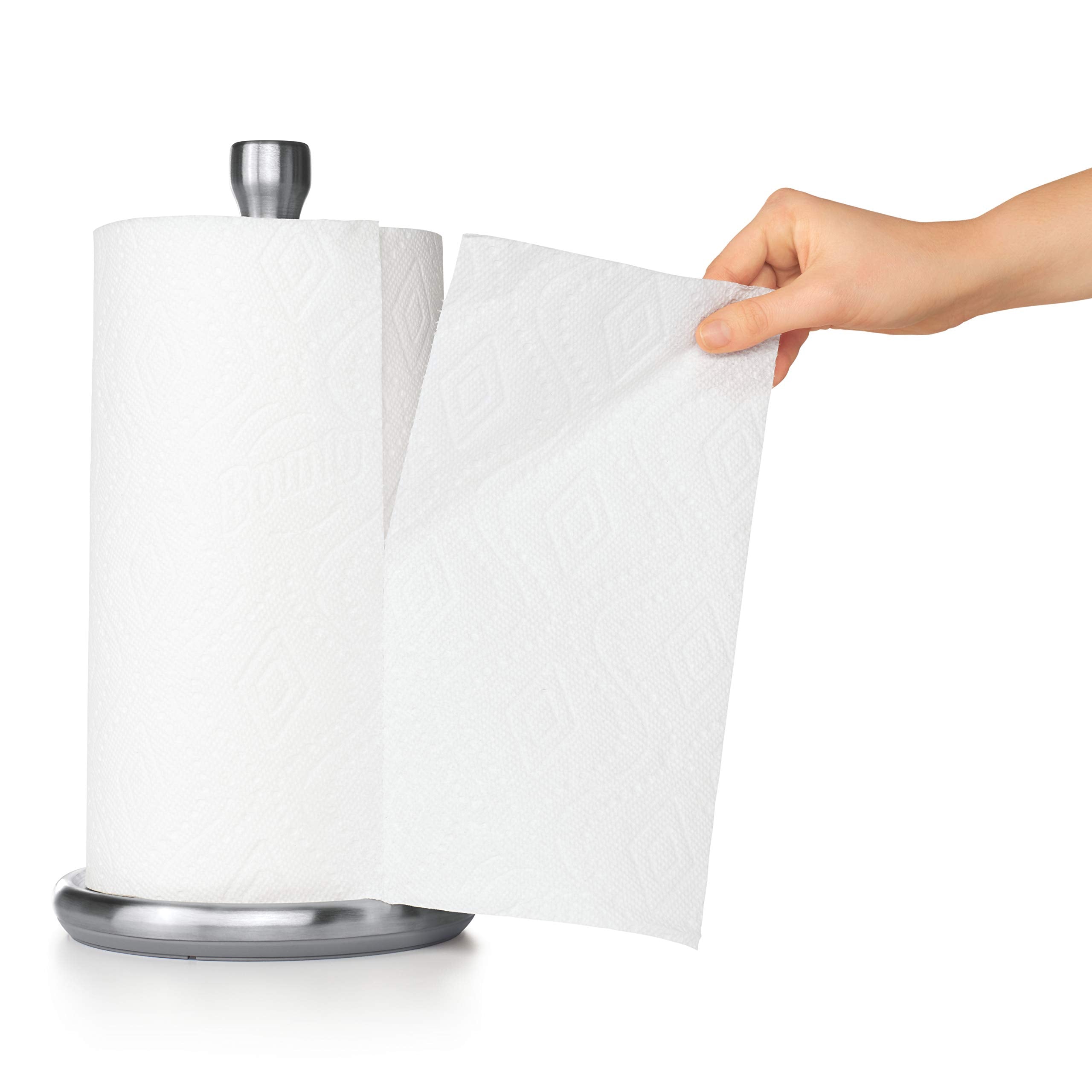 OXO Good Grips next to a paper towel roll for scale, compact footprint with capacity