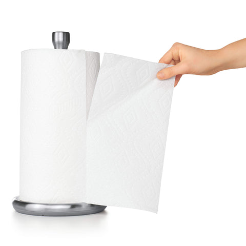 OXO Good Grips next to a paper towel roll for scale, compact footprint with capacity