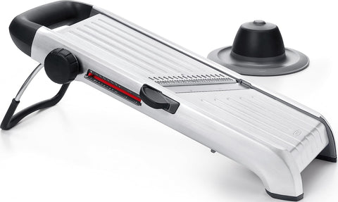 OXO mandoline front view showing full unit and benefits of versatility