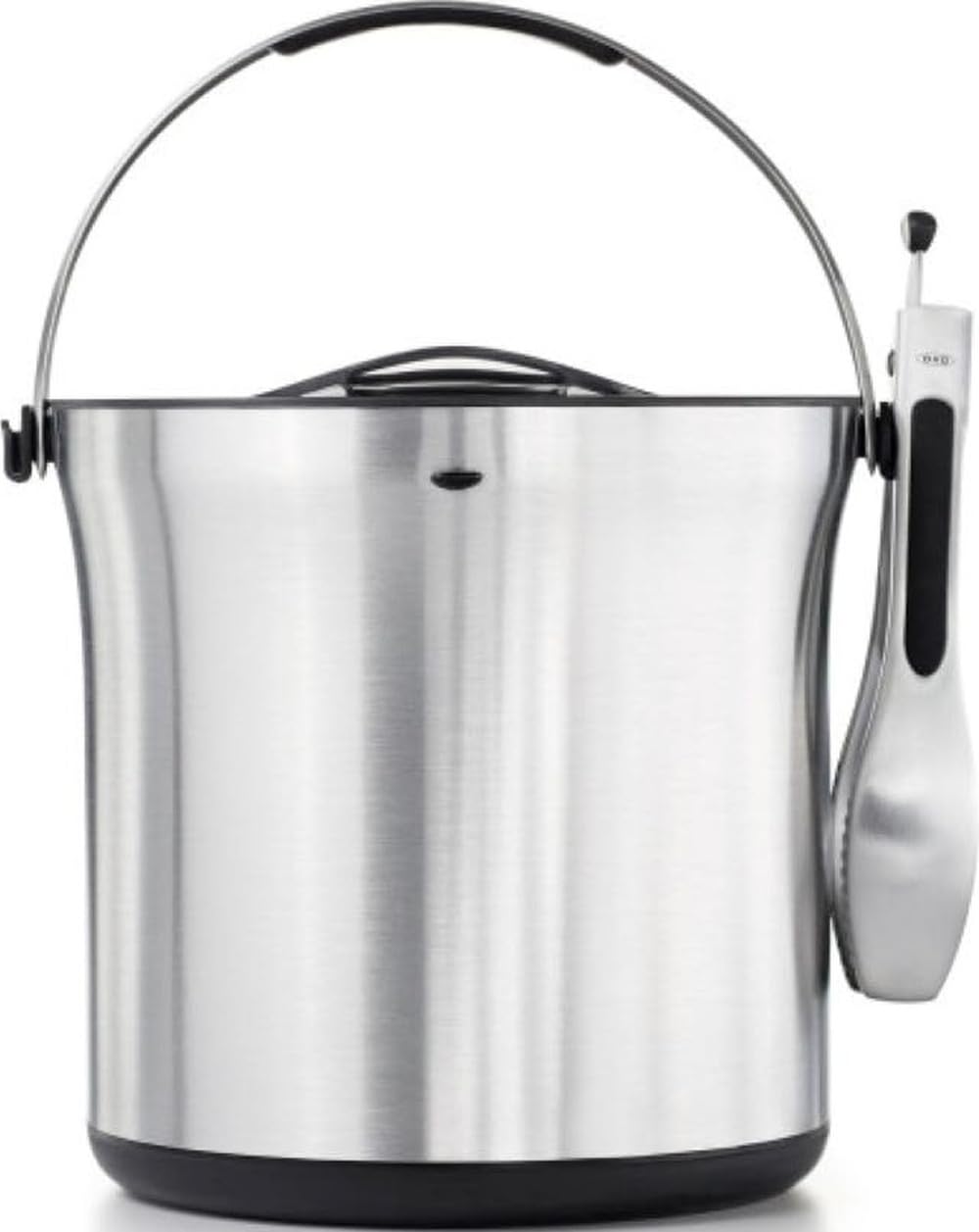 OXO SteeL ice bucket front view showing polished finish and capacity benefit