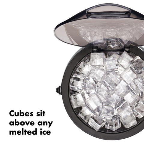 OXO SteeL locking tongs attached to bucket for tidy serving benefit