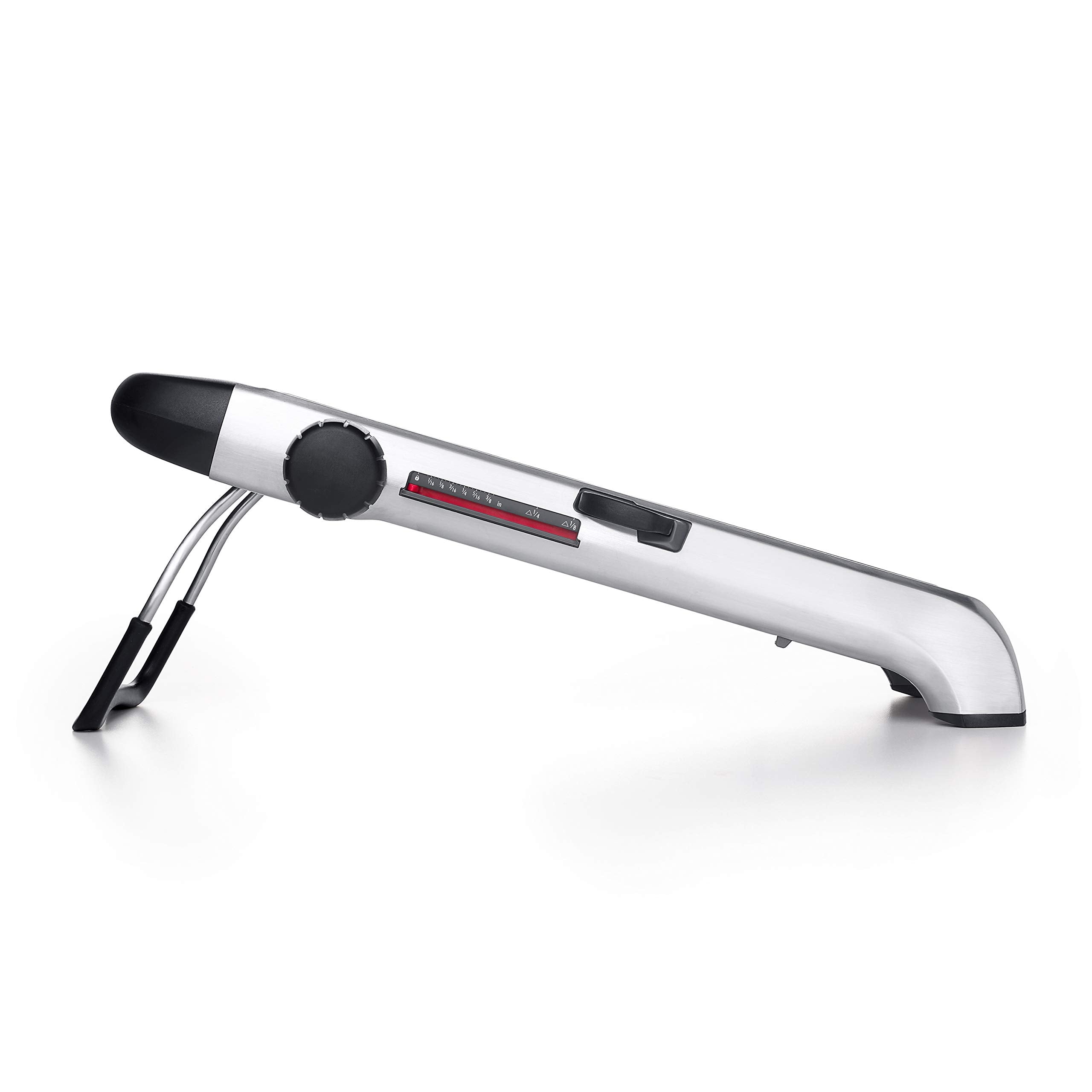 OXO mandoline in use slicing a potato quickly and evenly