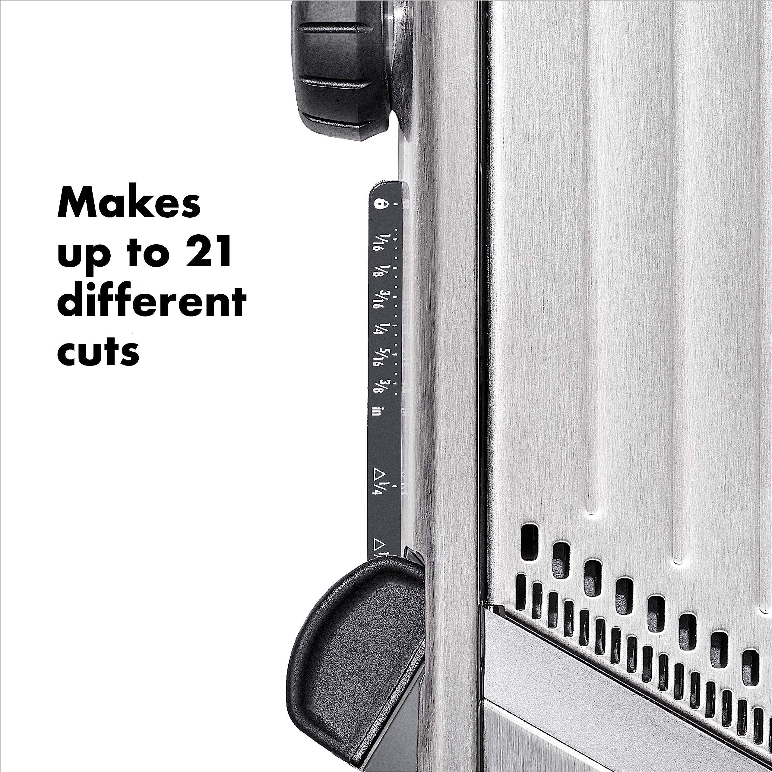 OXO serrated blade detail gliding through soft foods with clean cuts