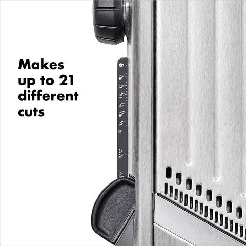 OXO serrated blade detail gliding through soft foods with clean cuts