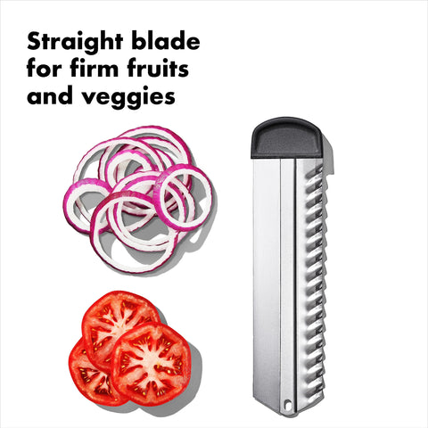 OXO waffle blade closeup creating crinkle and lattice-cut benefits