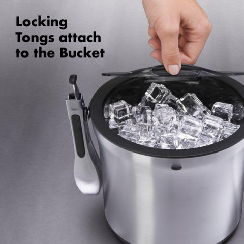 OXO SteeL bucket next to glass for scale showing 4 quart capacity benefit