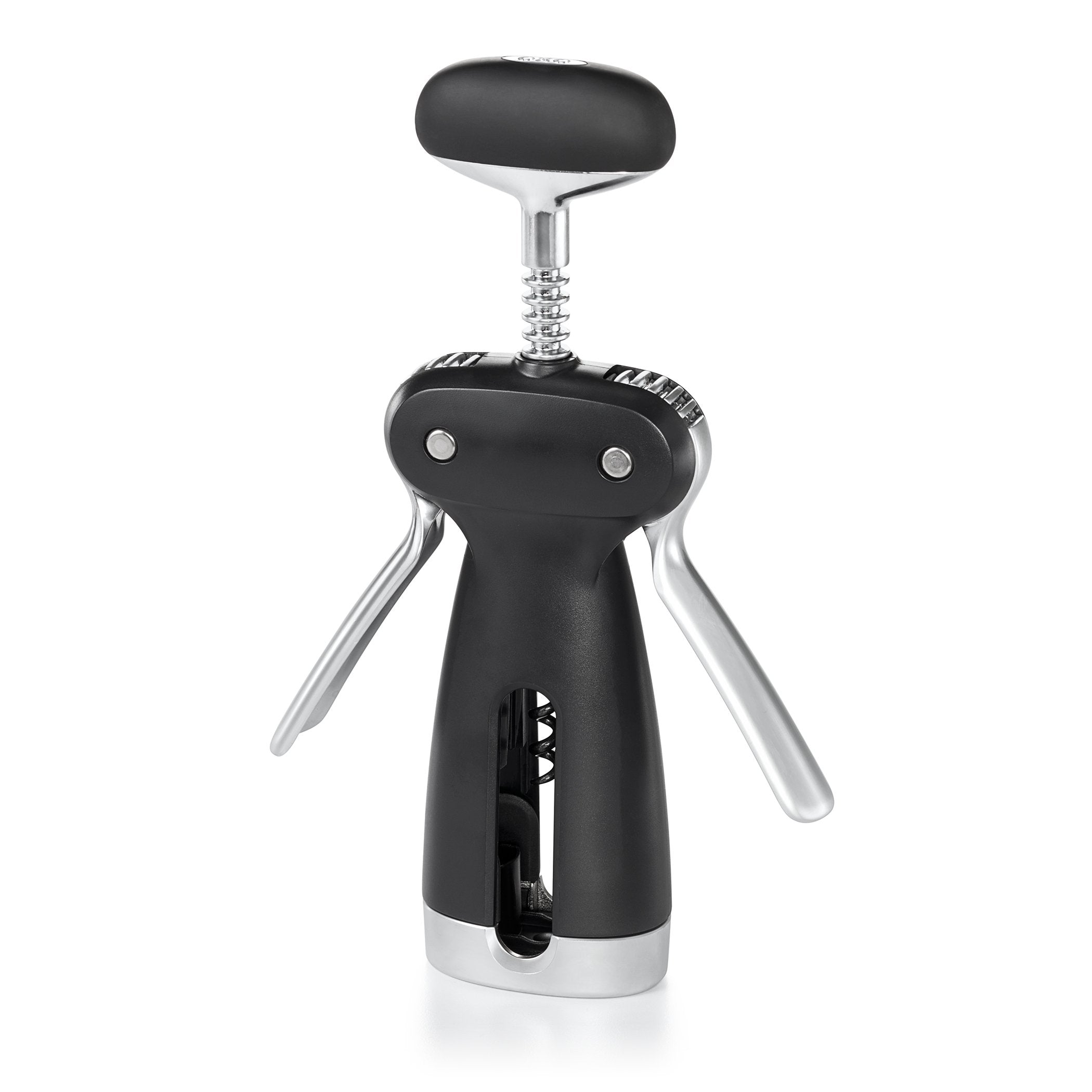 OXO front view showing compact corkscrew and built-in cutter, easy handling benefit