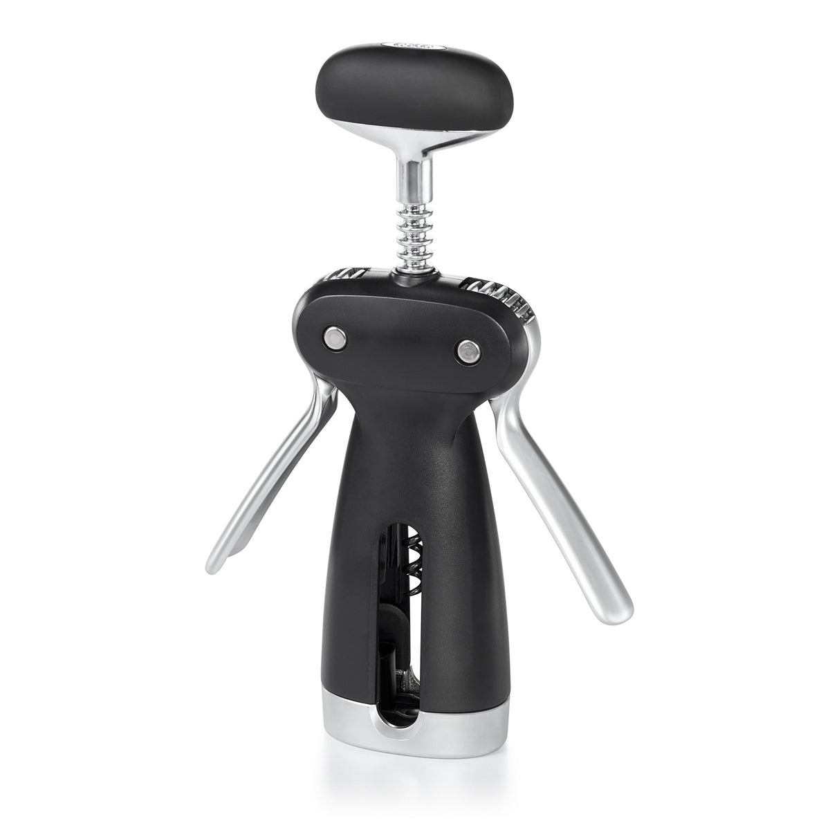 OXO front view showing compact corkscrew and built-in cutter, easy handling benefit