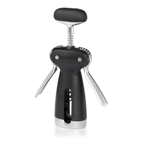 OXO front view showing compact corkscrew and built-in cutter, easy handling benefit