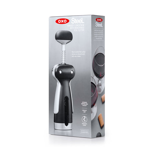 OXO in use removing a wine cork, reduced wrist strain benefit