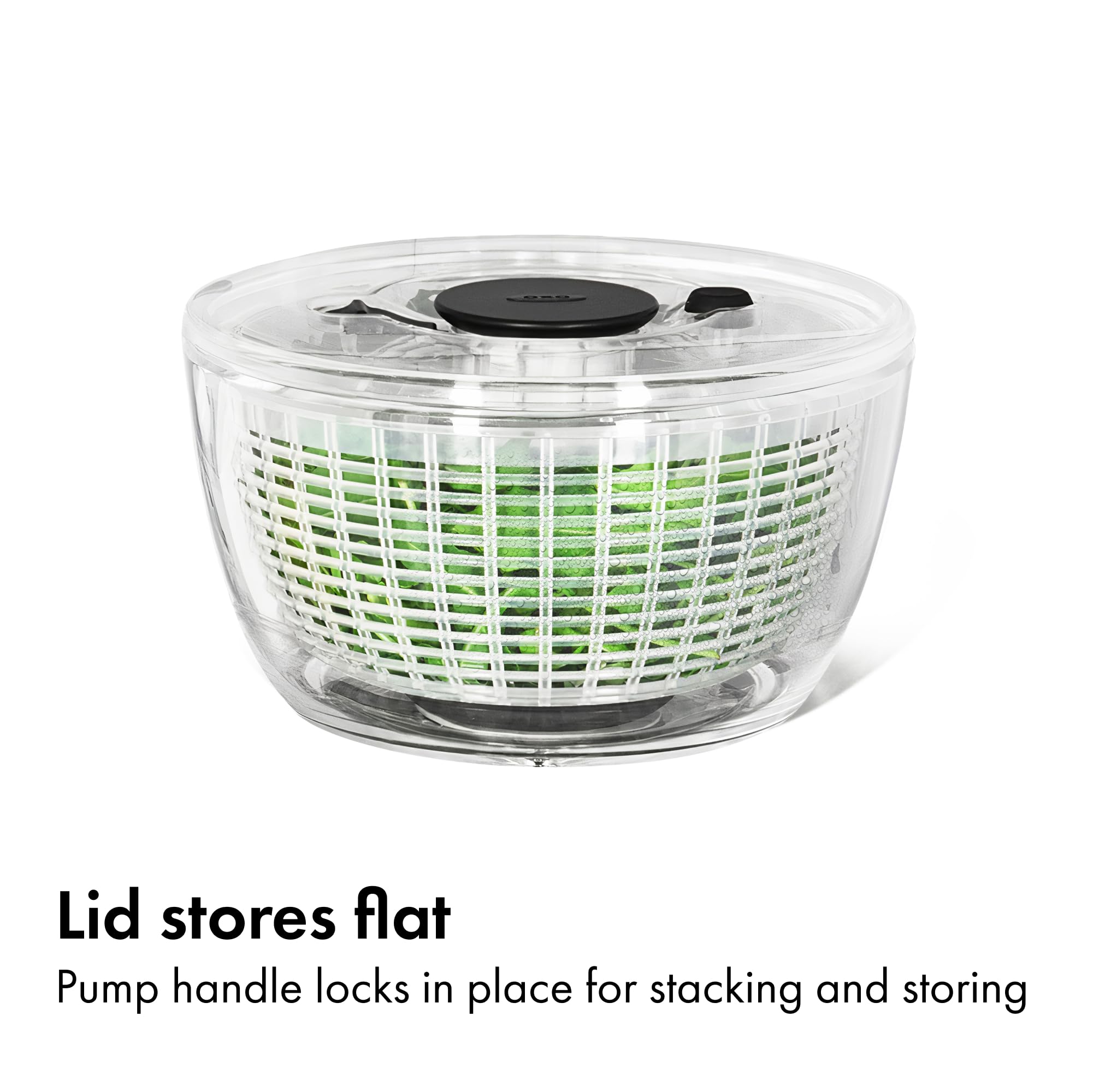 OXO lid locked for airtight storage keeping washed greens fresher