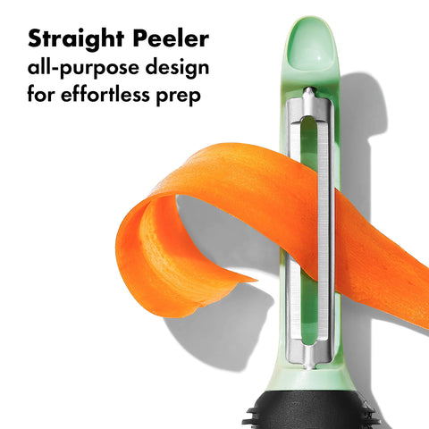 OXO straight peeler blade closeup highlighting sharp stainless steel
