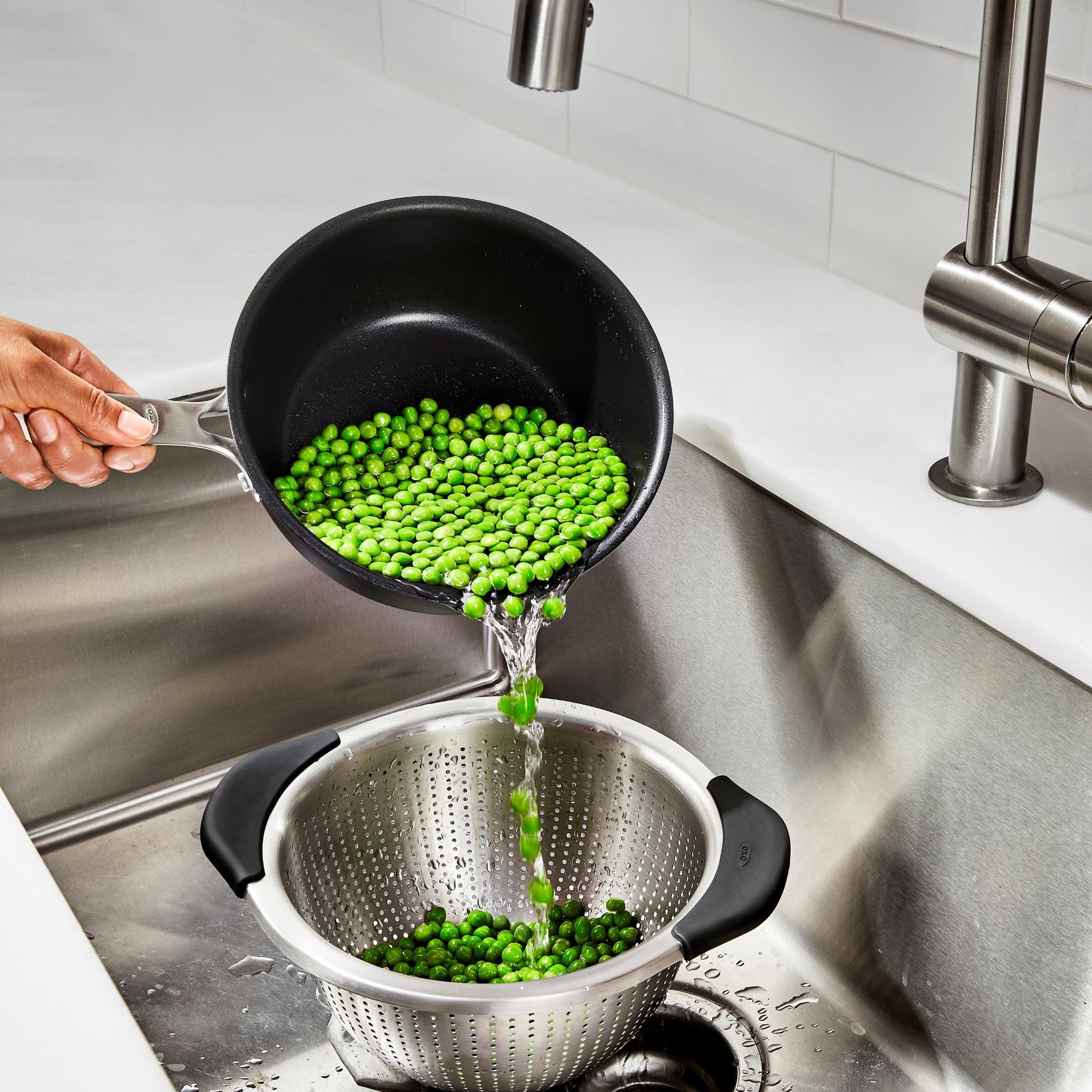 OXO Good Grips handle close-up highlighting non-slip grip for safer handling benefit