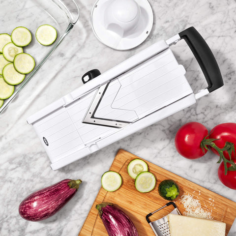 OXO good grips textured runway and food holder close-up for safer, nonstick slicing