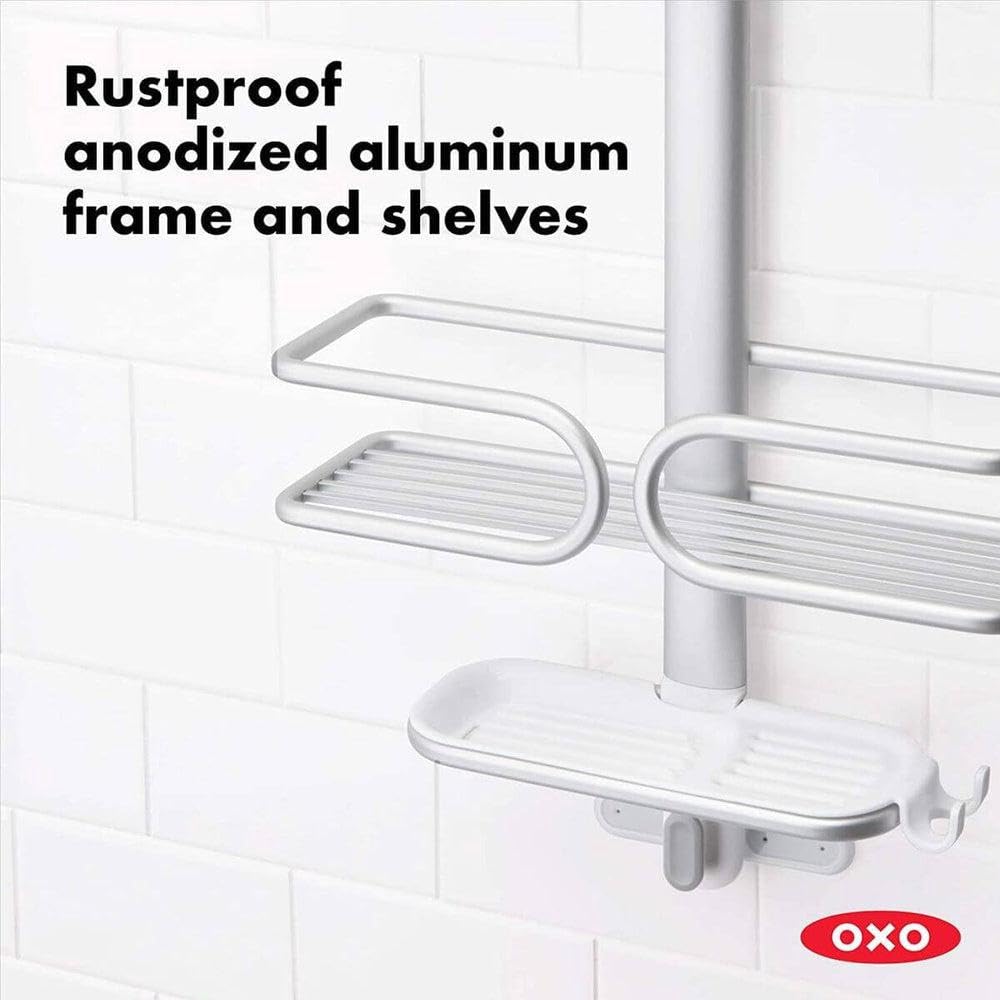 OXO three-tier caddy loaded with full-size bottles for maximum storage