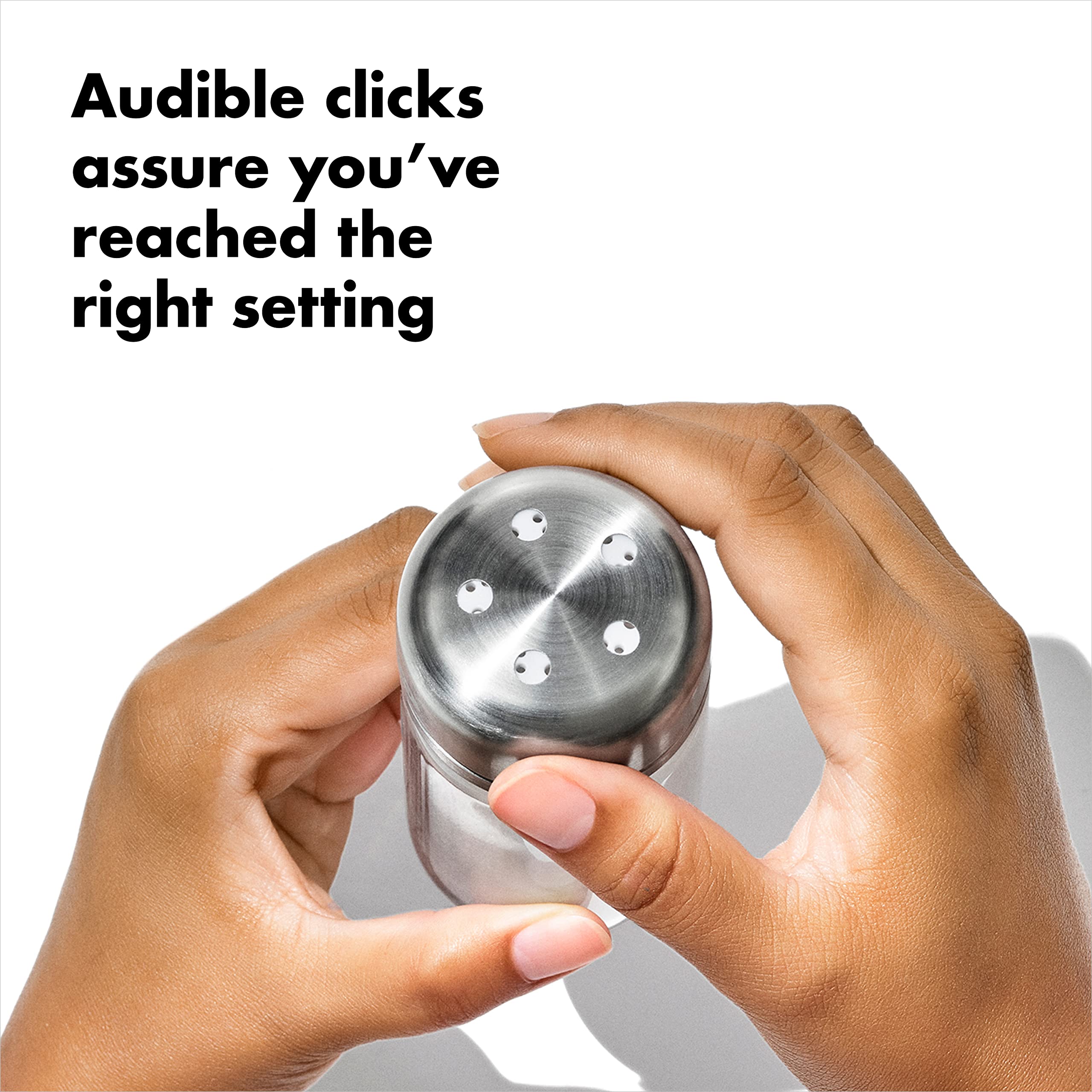OXO top view highlighting adjustable stainless lid with audible click for precise pours