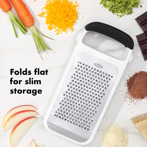 OXO detached grater panels over bowl demonstrating direct-to-bowl grating convenience