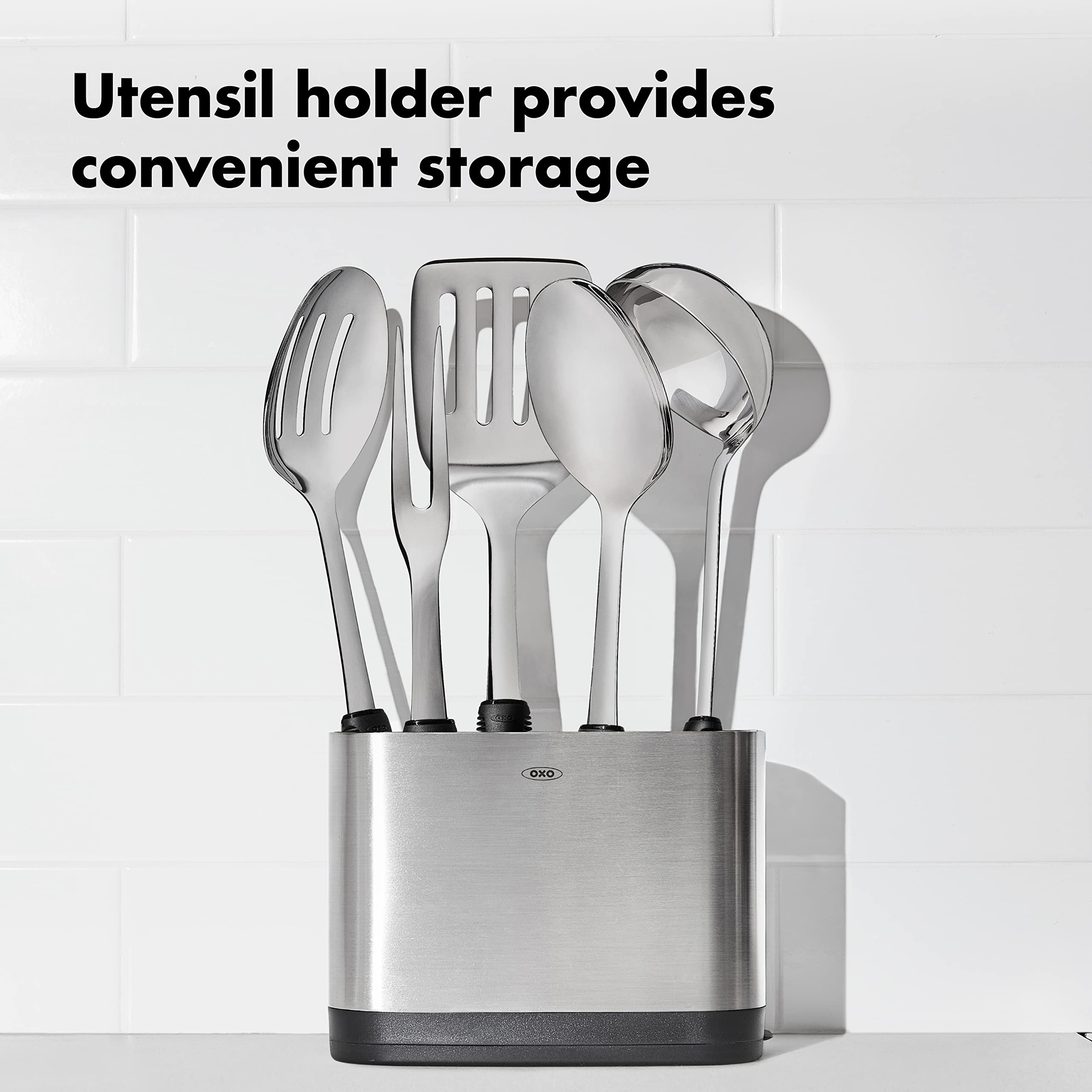 OXO utensil holder on countertop, keeps tools organized and accessible