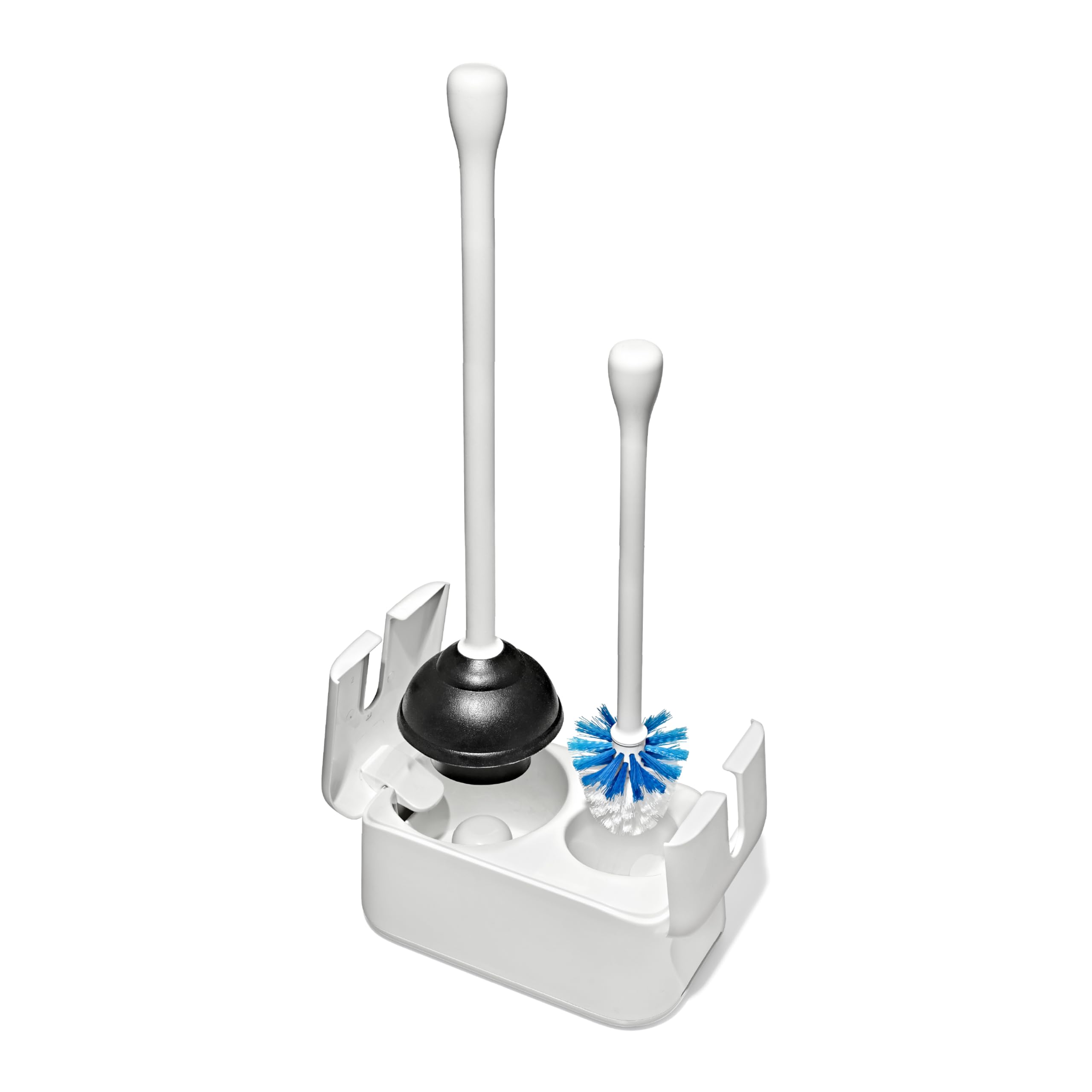 OXO white canister front view neatly hides brush and plunger, saving bathroom space