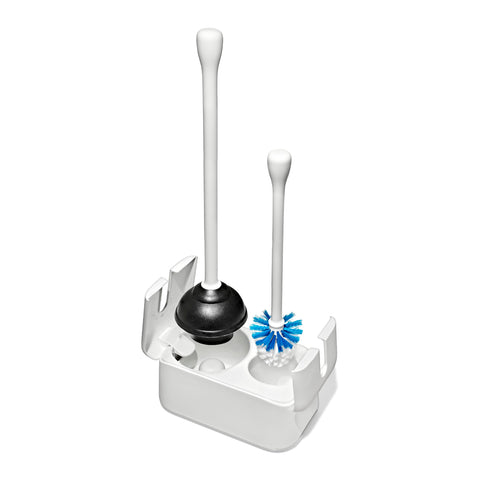 OXO white canister front view neatly hides brush and plunger, saving bathroom space