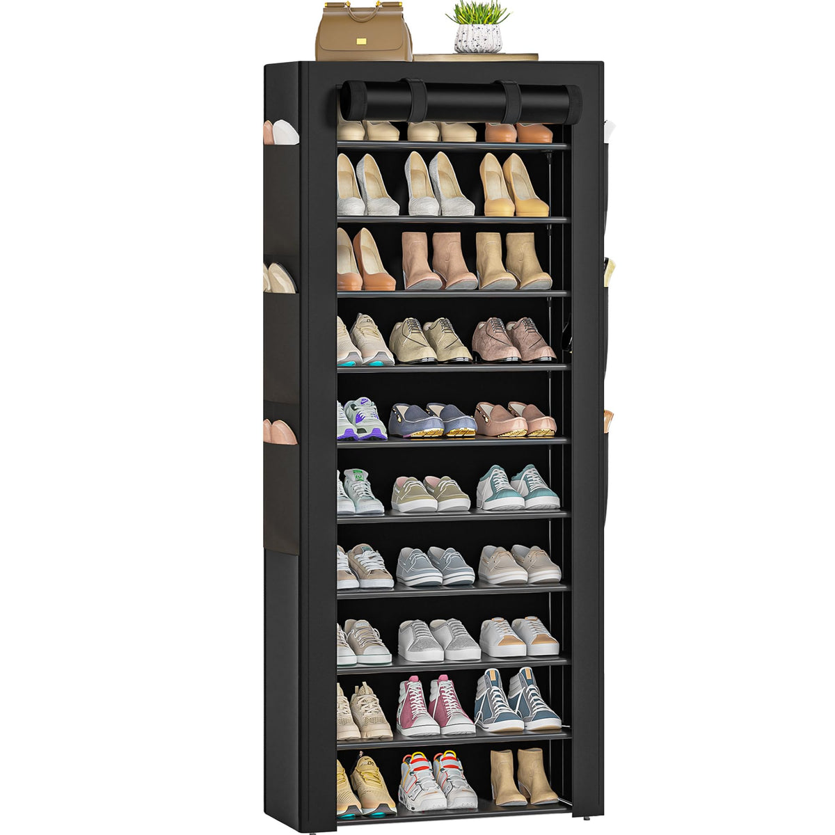 OYREL front view tall 10-tier shoe rack showing compact vertical storage and neat organization