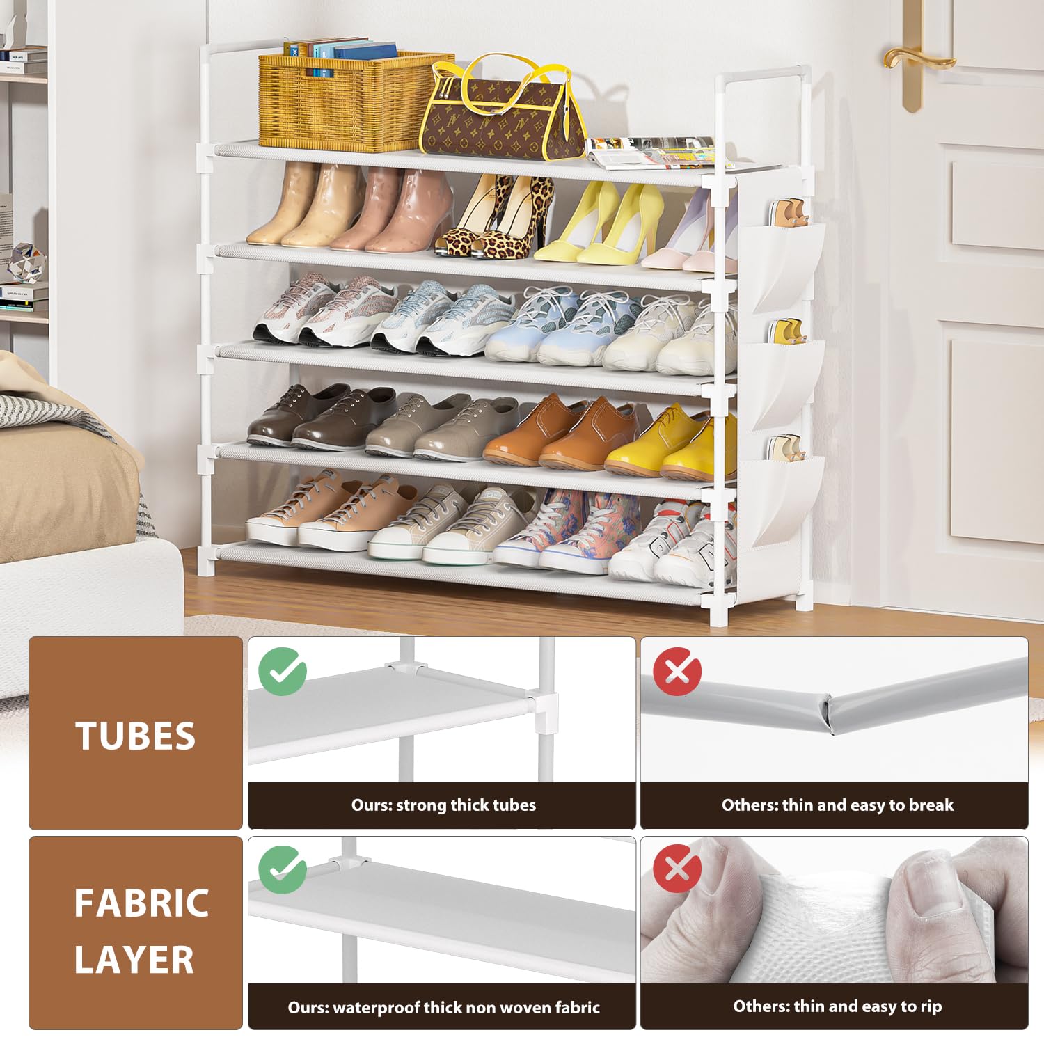 OYREL rack next to shoes for scale shows capacity and dimensions