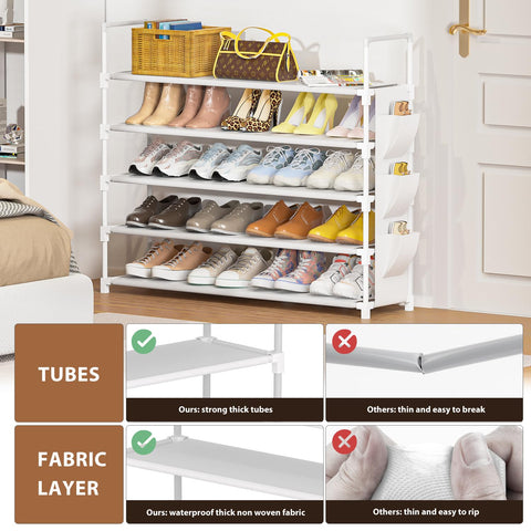 OYREL rack next to shoes for scale shows capacity and dimensions