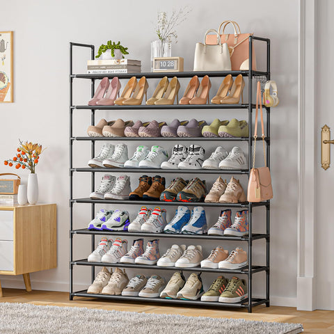 OYREL rack with mixed shoes to show scale and high-capacity storage