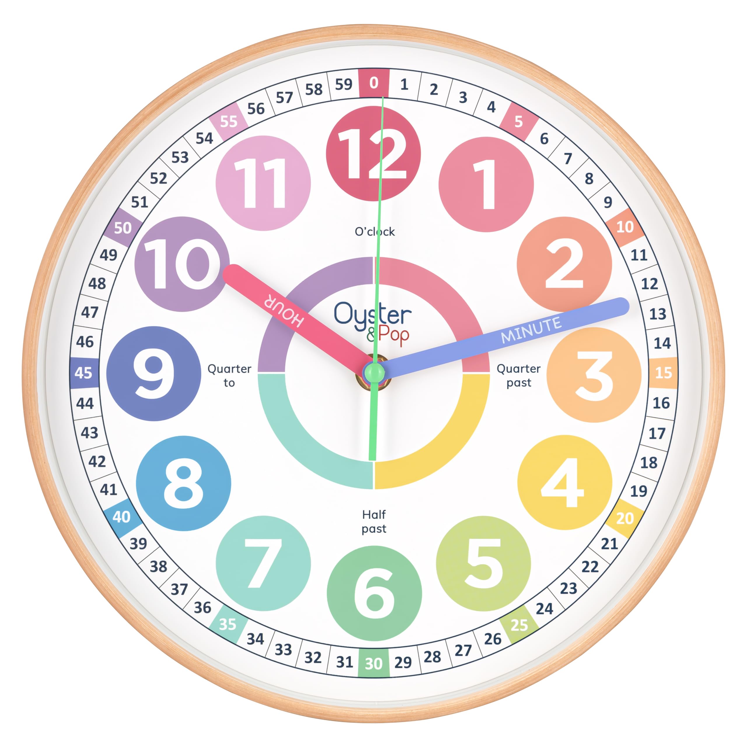 Oyster&Pop front view pastel clock, clear numbers for easy learning