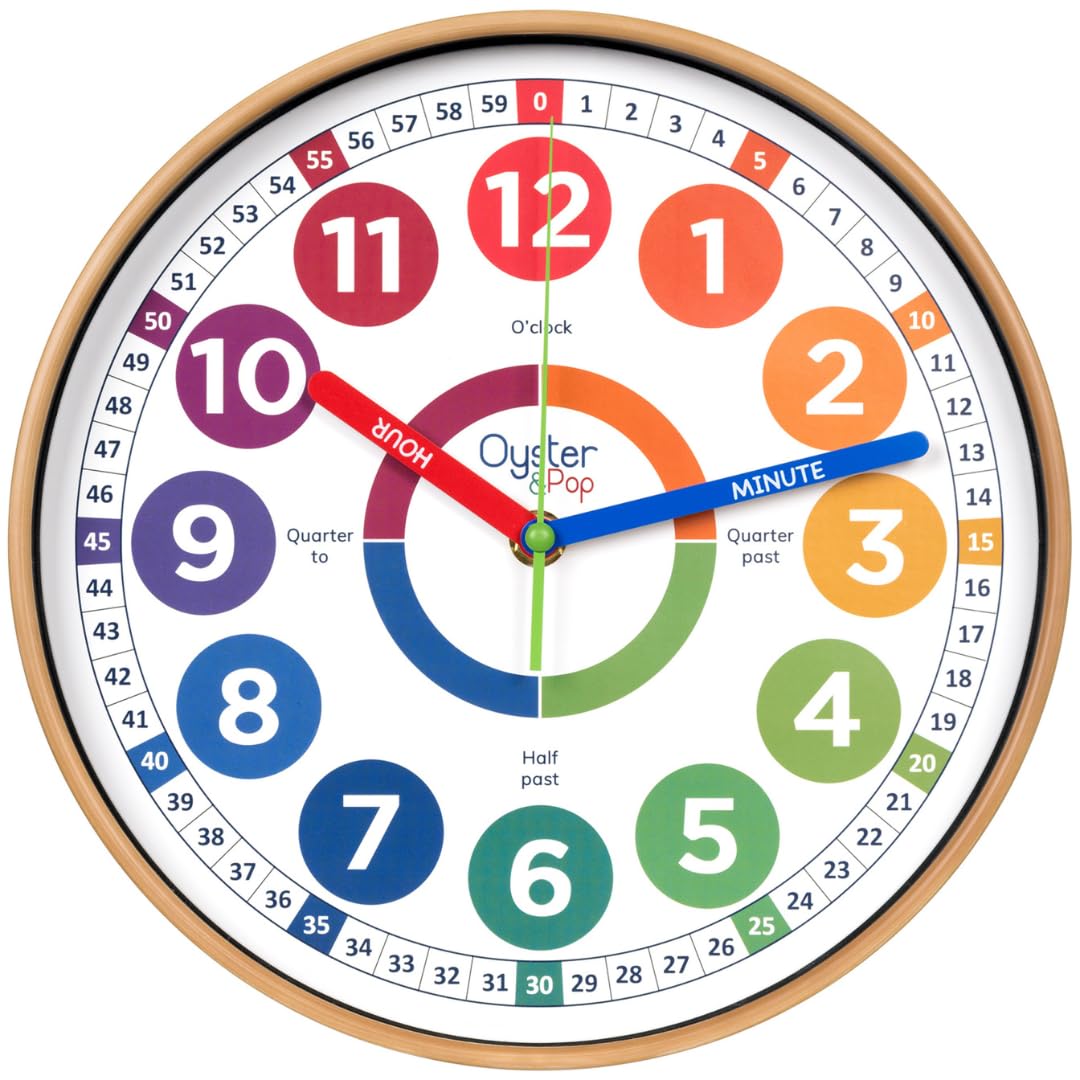 Oyster&Pop front view of 10-inch learning clock, clear numbers for easy reading