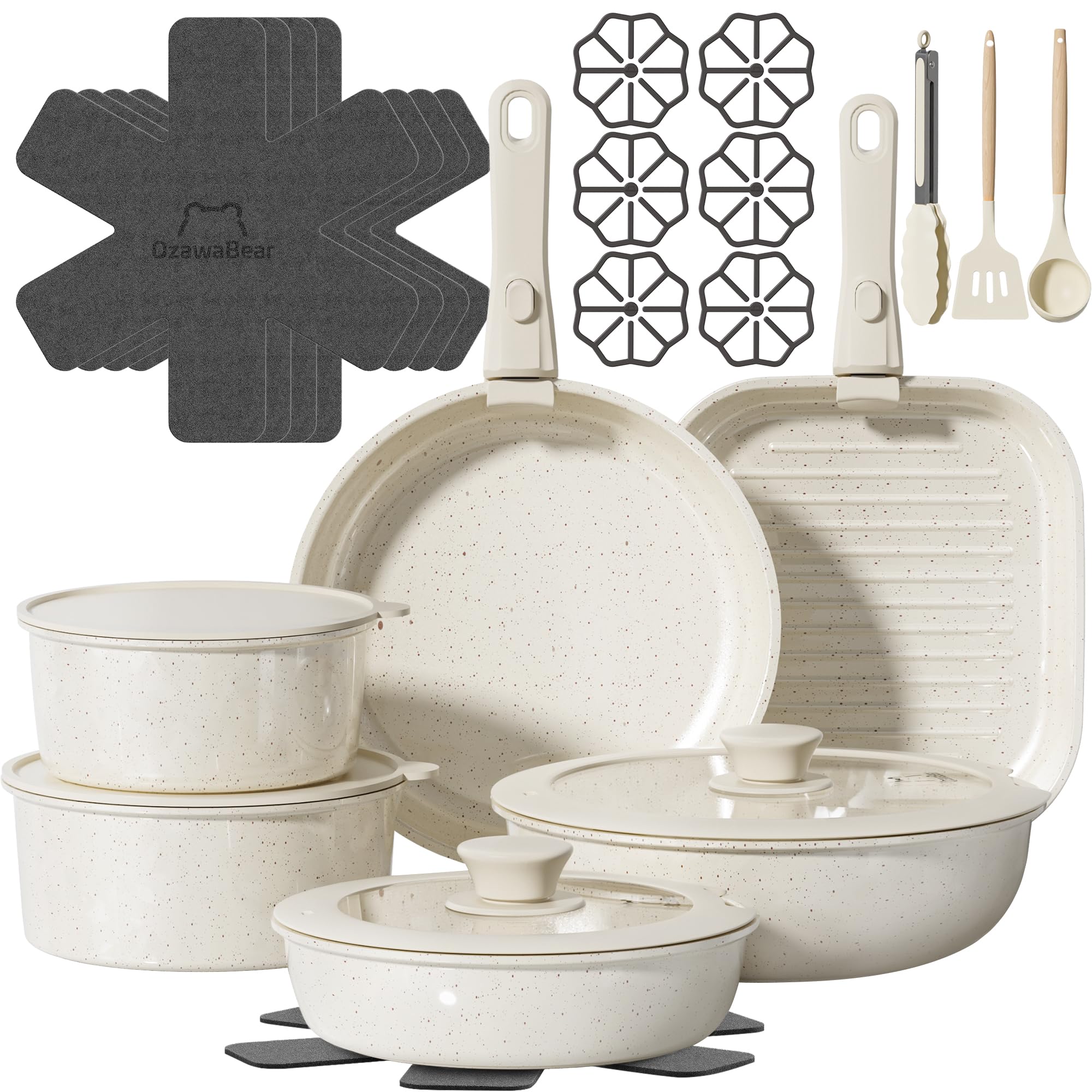OzawaBear front packaging showing full cream white cookware set and benefits