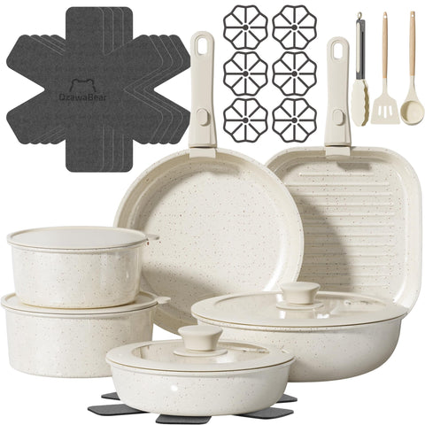OzawaBear front packaging showing full cream white cookware set and benefits