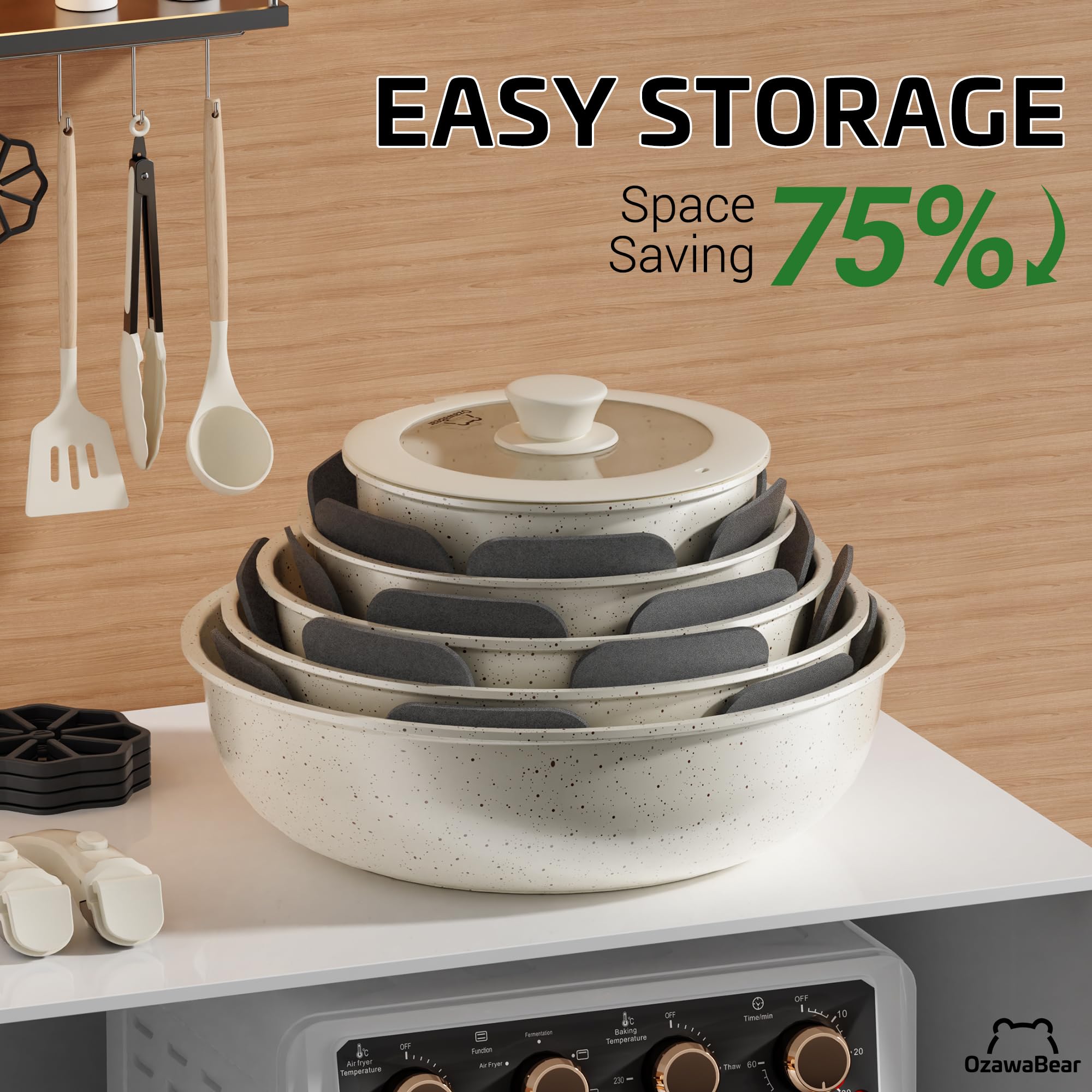 OzawaBear stacked storage compactly packed to save 75% cabinet space for small kitchens