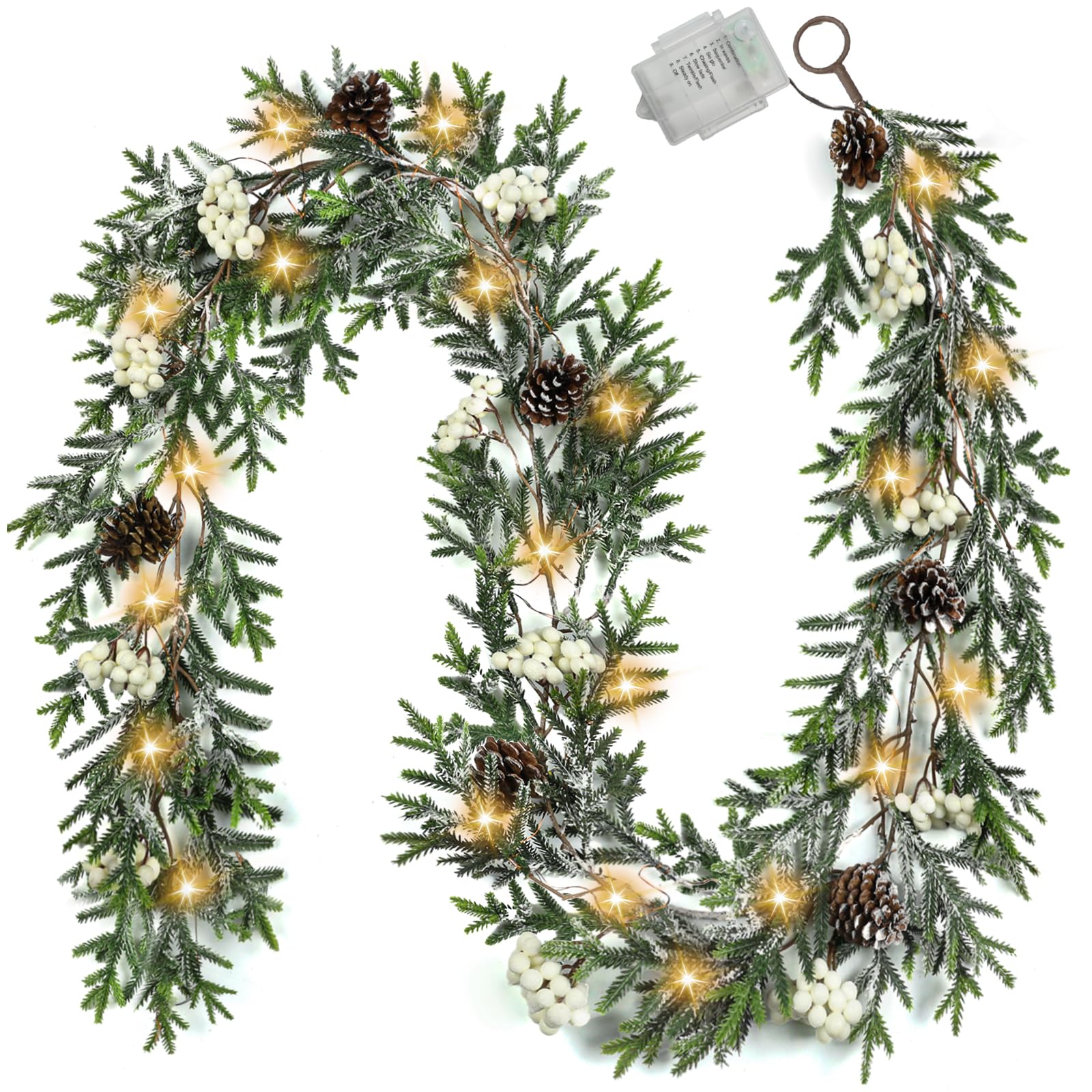 OZFHUA garland front view showing lit 6ft greenery for instant holiday ambiance