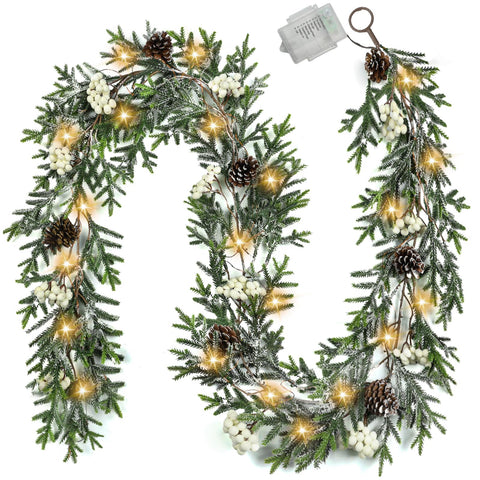 OZFHUA garland front view showing lit 6ft greenery for instant holiday ambiance