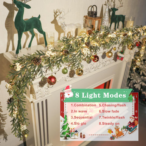 OZFHUA garland styled on mantel creating cozy warm lighting and festive mood