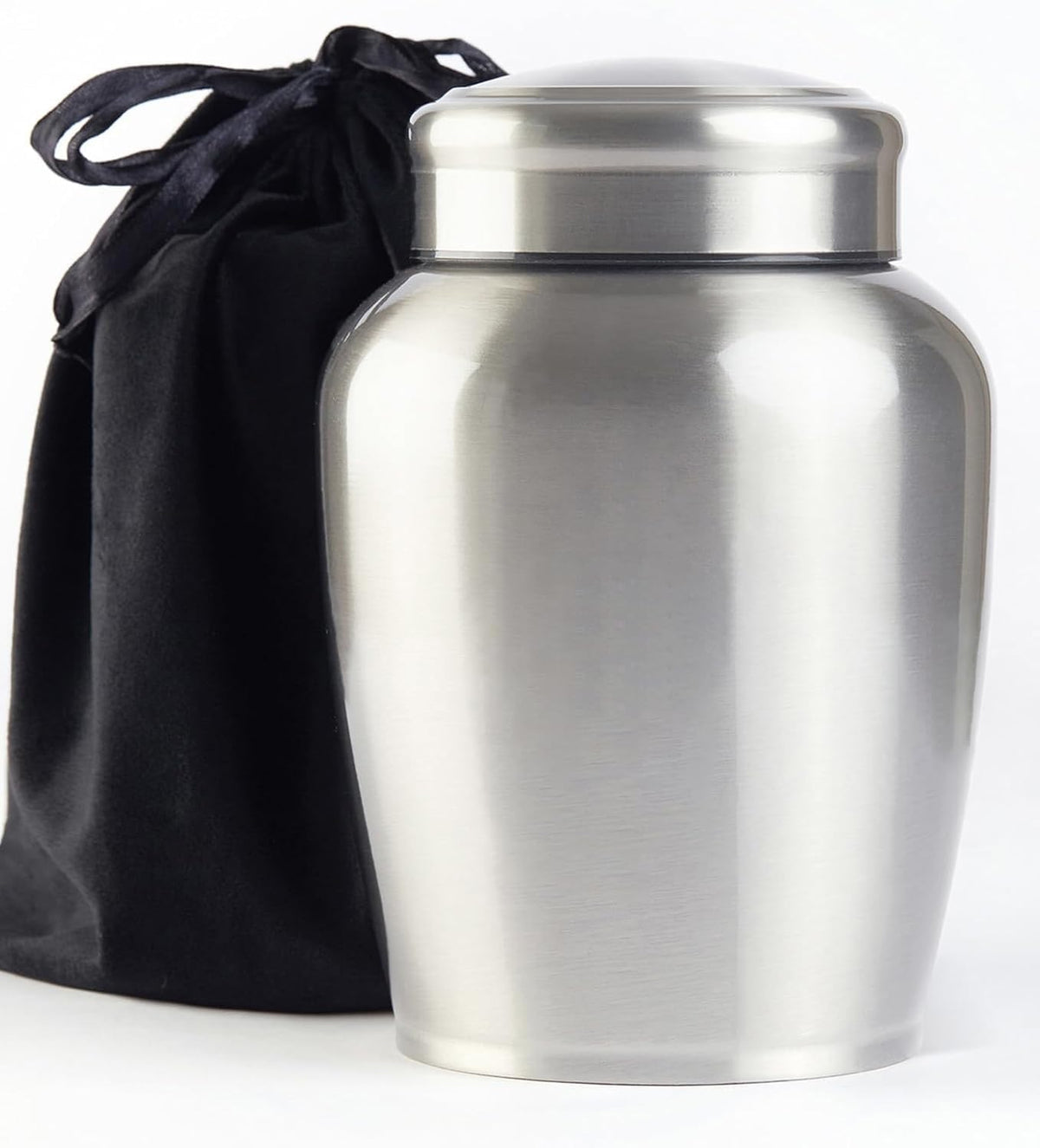P.J homsv urn front view showing polished silver finish and dignified shape