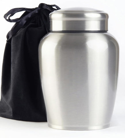 P.J homsv urn front view showing polished silver finish and dignified shape