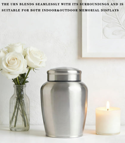 P.J homsv urn held in hand for scale emphasizing 180 cubic inch capacity