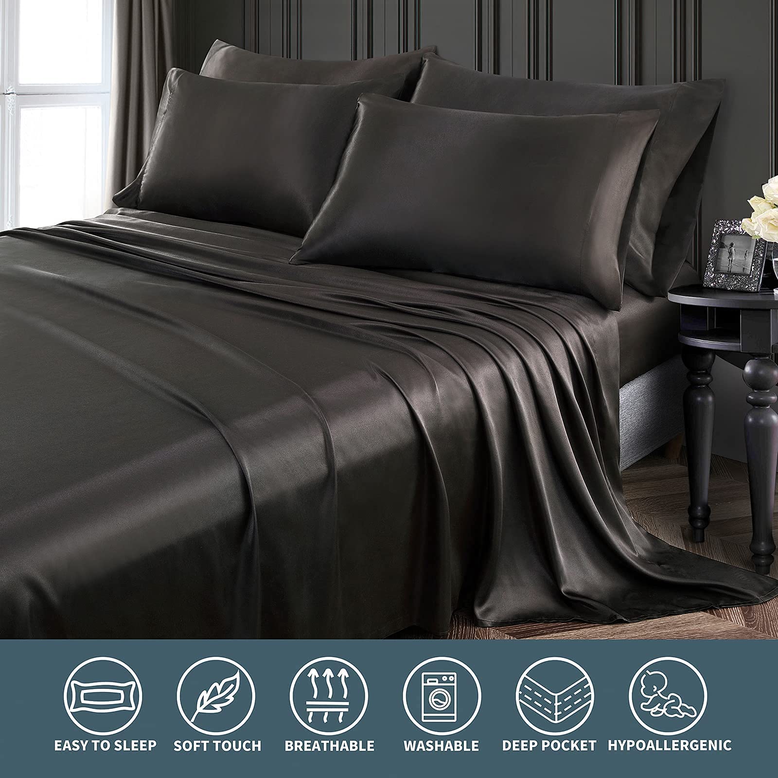 P Pothuiny styled bedroom with black sheets illustrating luxe appearance and inviting comfort