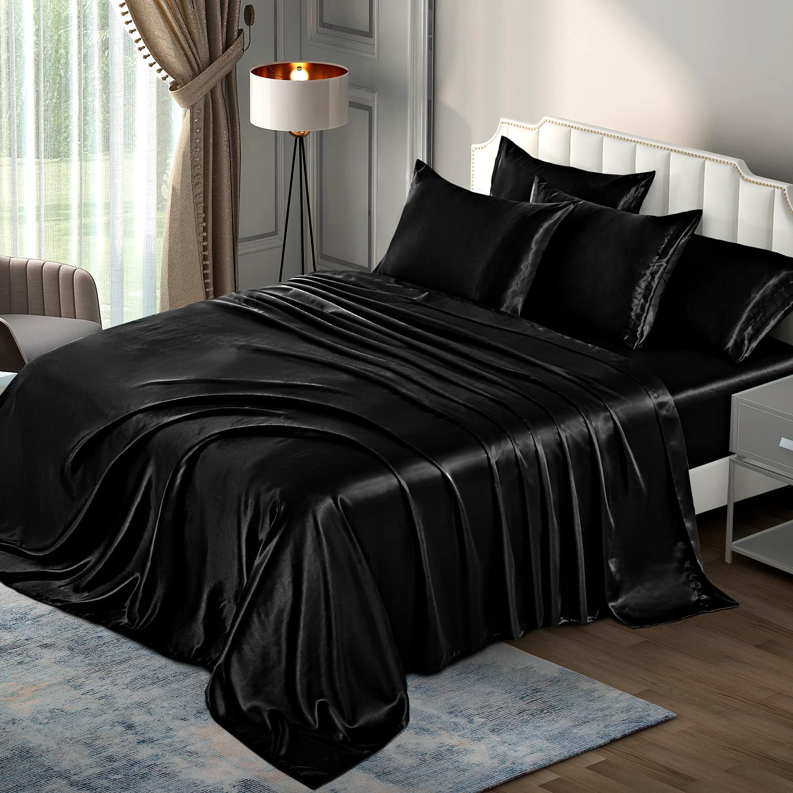 P Pothuiny front packaging of queen satin set shows complete included pieces and easy care benefits