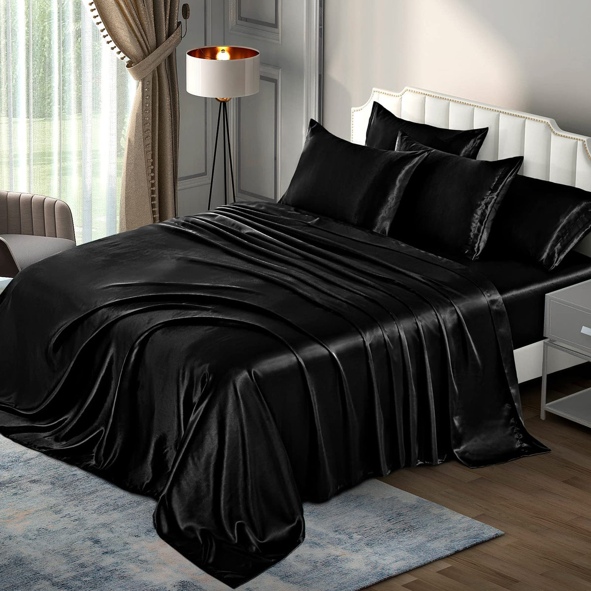 P Pothuiny front packaging of queen satin set shows complete included pieces and easy care benefits