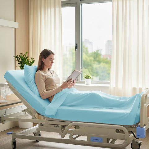P Pothuiny made hospital-style bed showing neat, wrinkle-resistant benefit