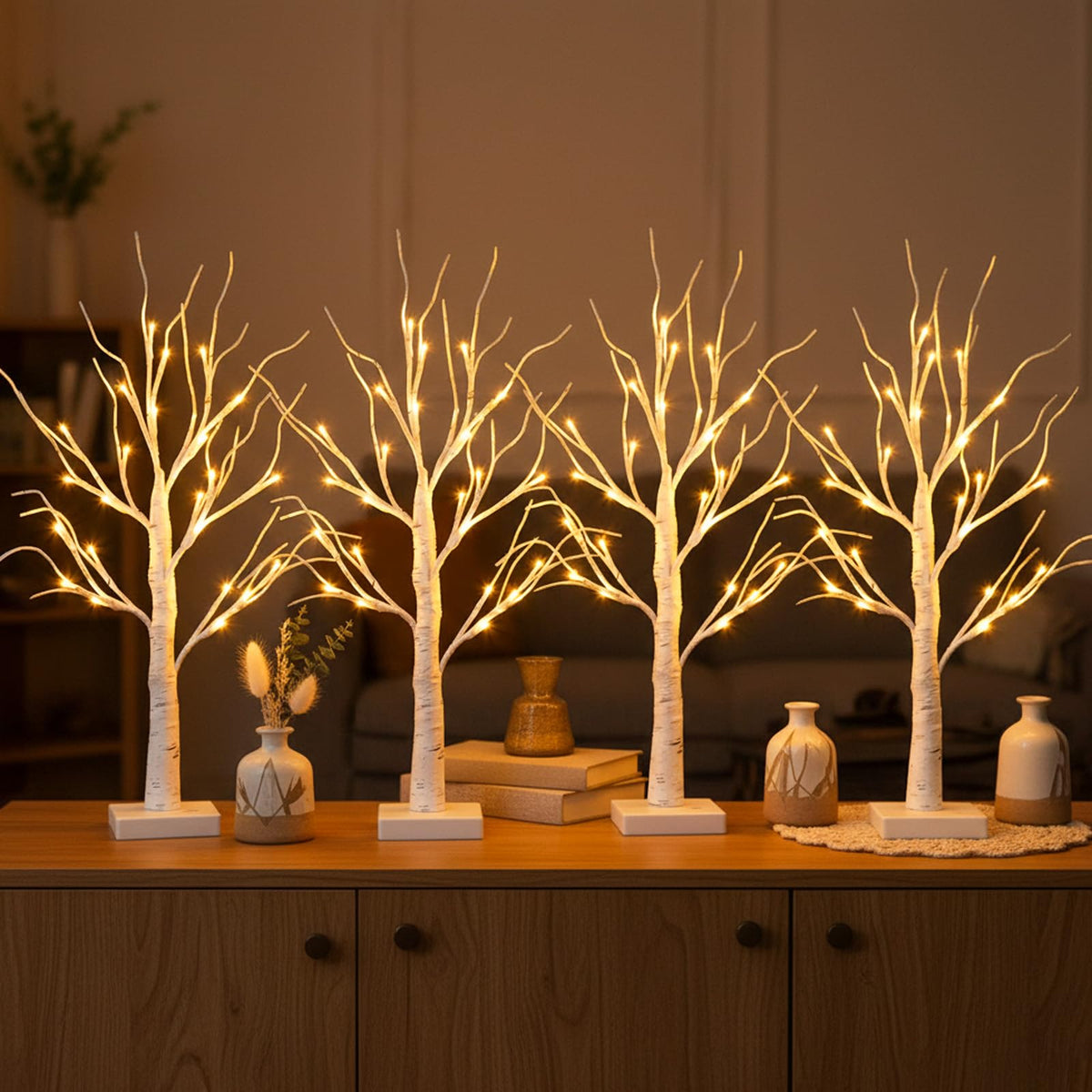 PABIPABI birch trees front view showing warm LED glow and natural look