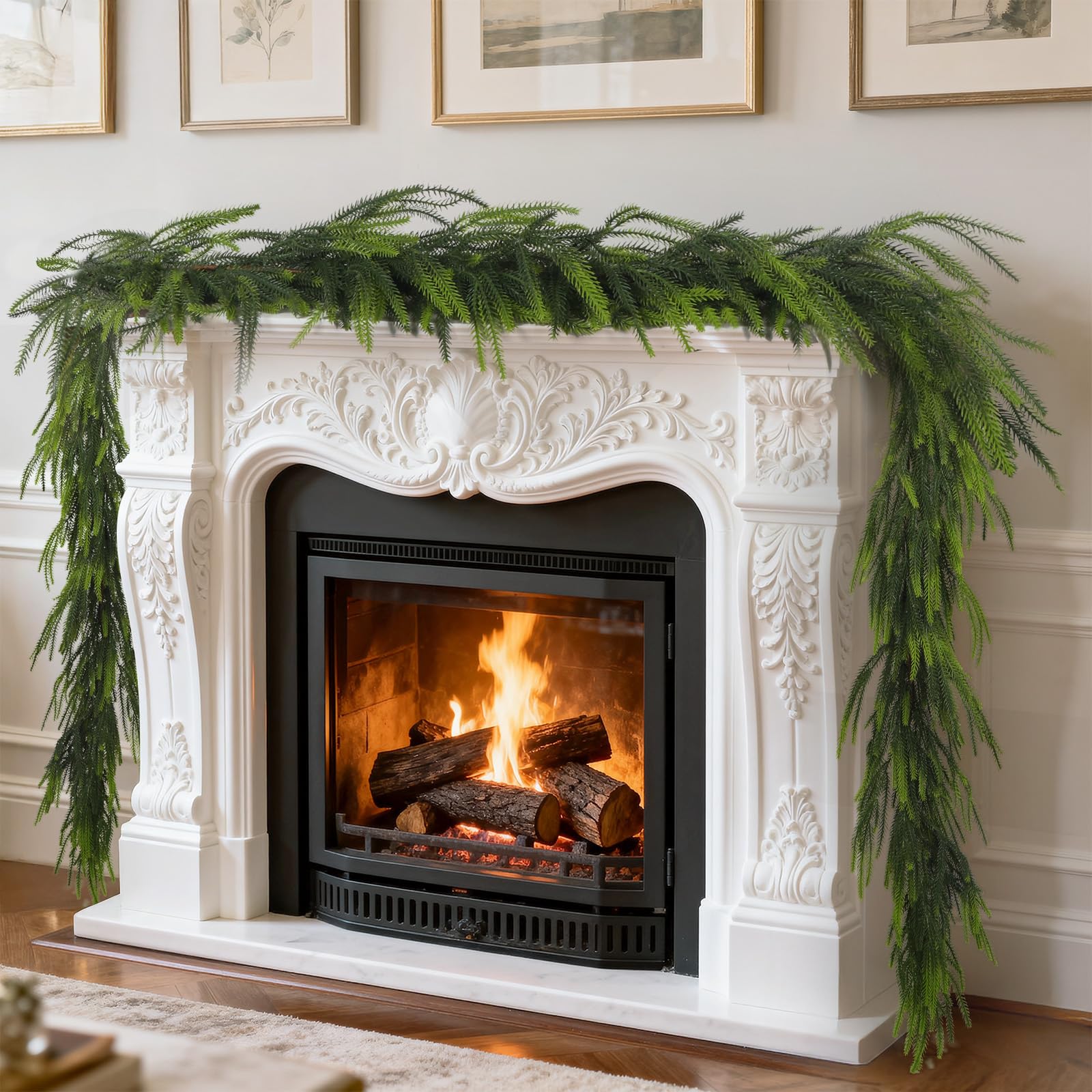 PABREY garland draped on mantel adding festive greenery and instant ambiance