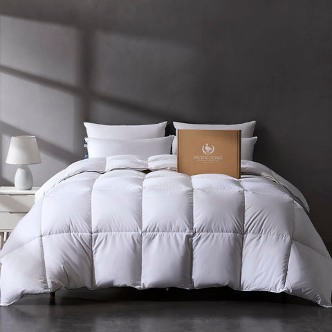Pacific Coast comforter front packaging showing queen-size and luxury benefit