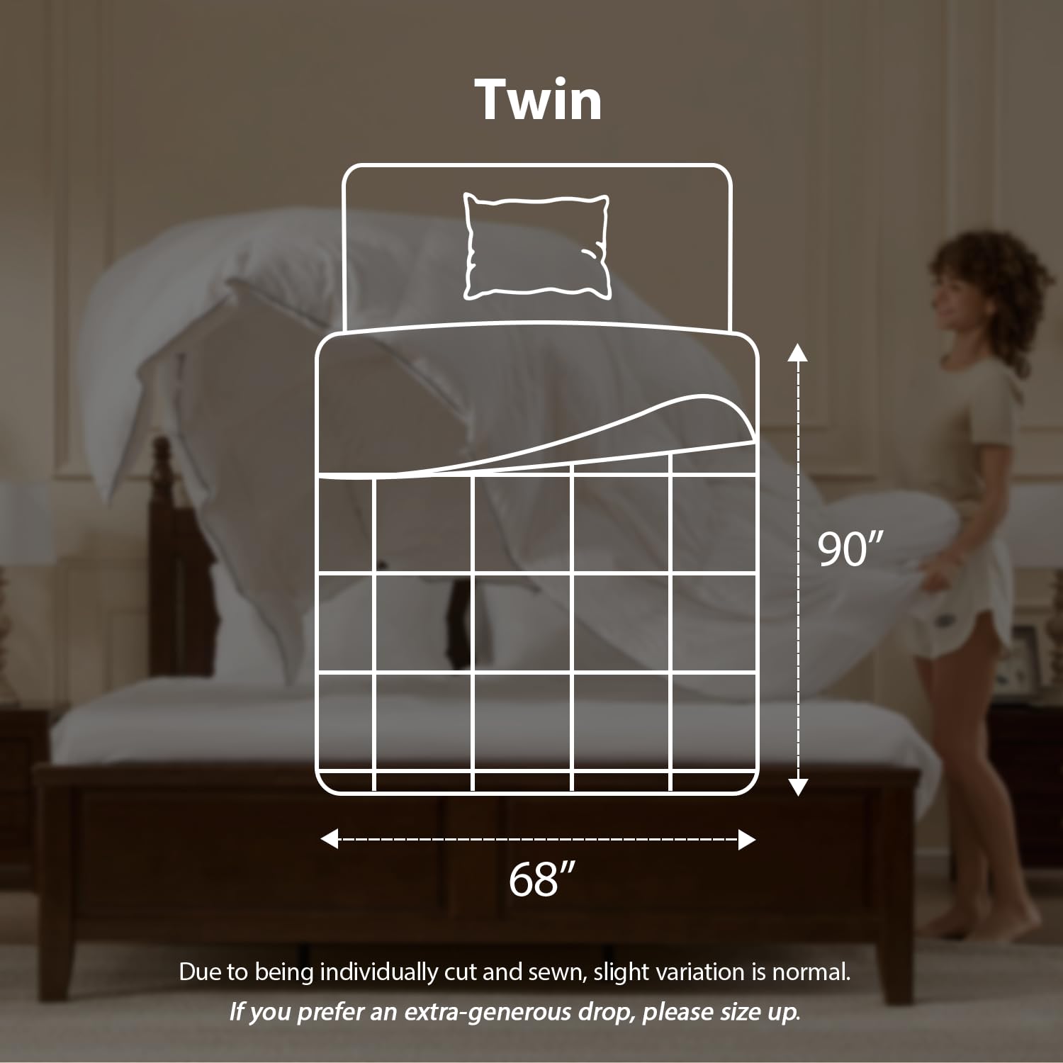 Pacific Coast folded comforter on bed demonstrating twin size and scale